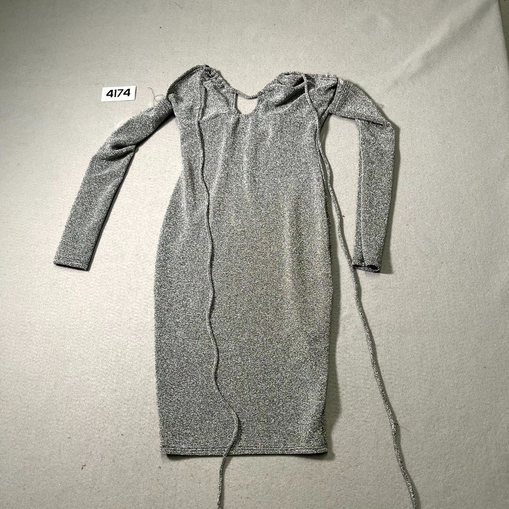 Madrag Bodycon Lurex Dress Womens Small Silver Cold Shoulder Party Tie Back